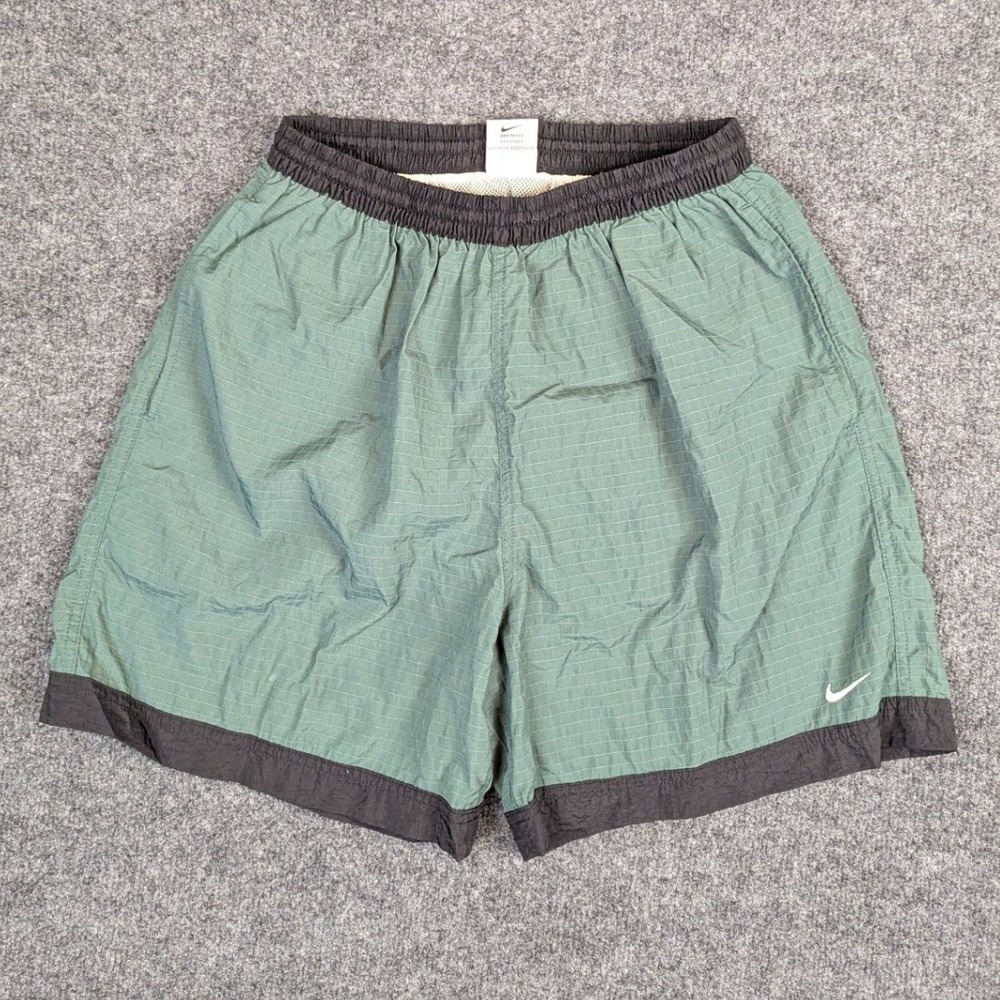 Vintage Nike Ripstop Nylon Shorts Green Black Swoosh Mesh Lined Mens Large